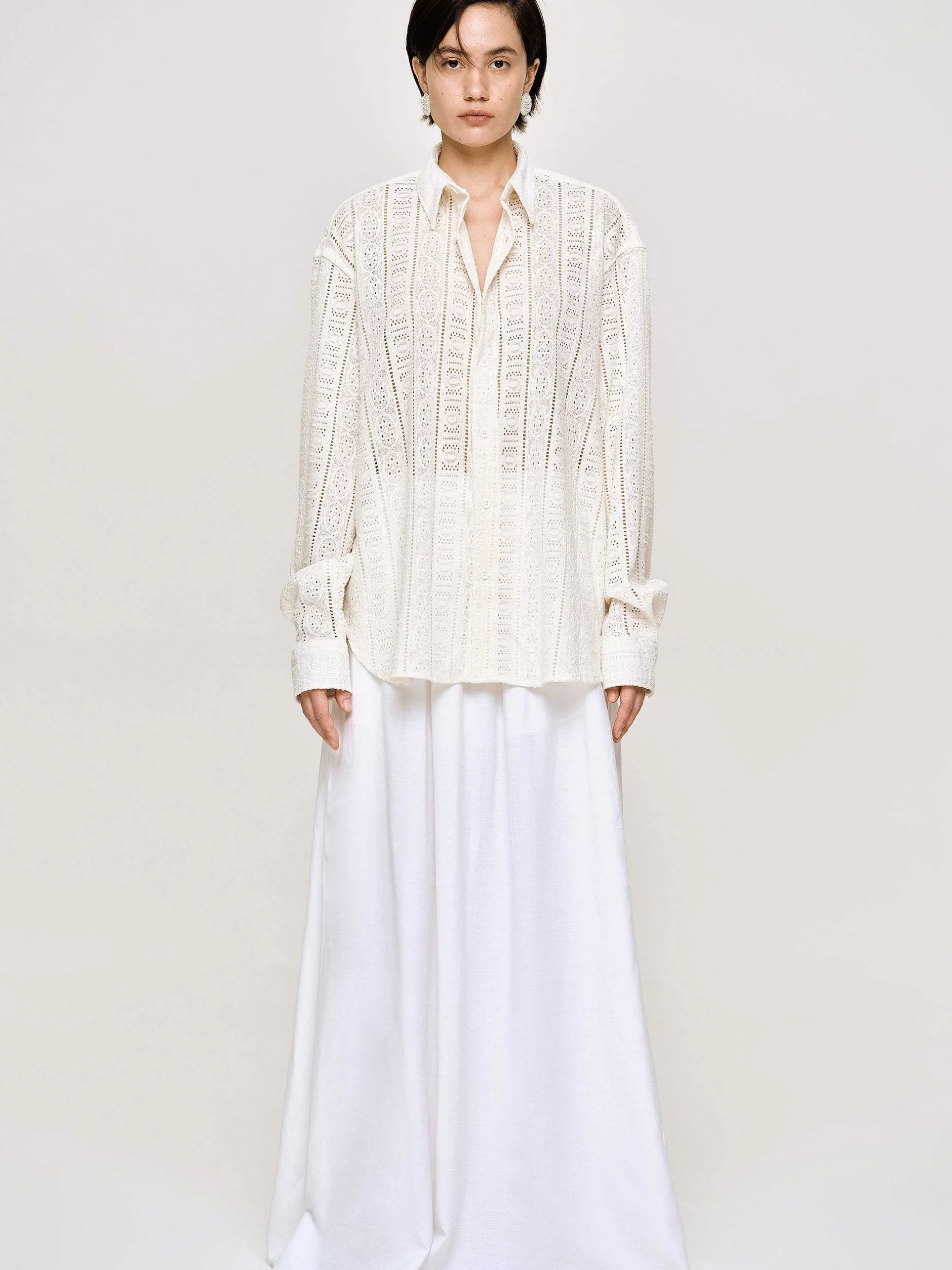 Accessories-Source Unknown Pointelle Oversized Button Down Shirt, Ivory