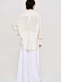 Accessories-Source Unknown Pointelle Oversized Button Down Shirt, Ivory