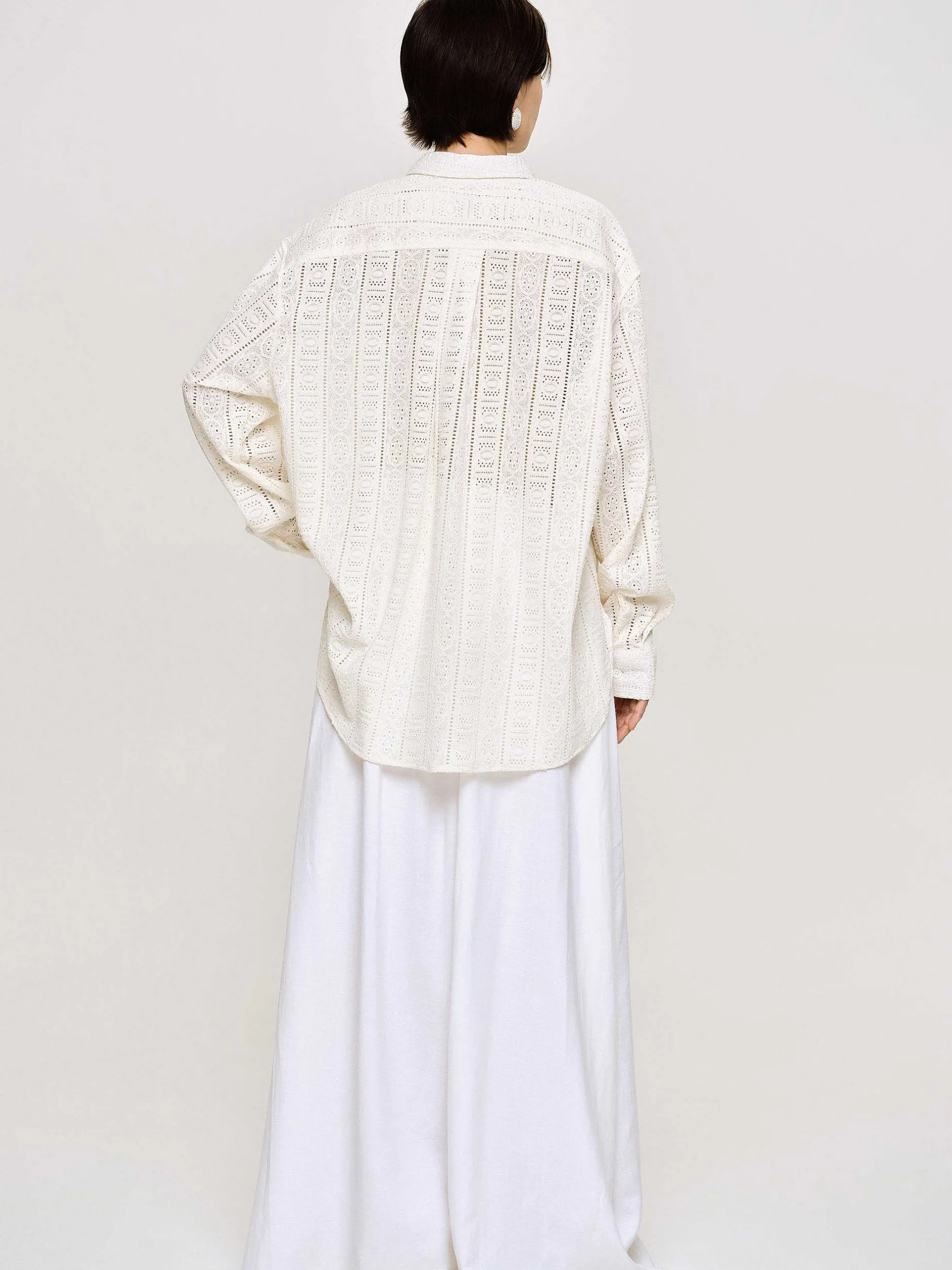 Accessories-Source Unknown Pointelle Oversized Button Down Shirt, Ivory
