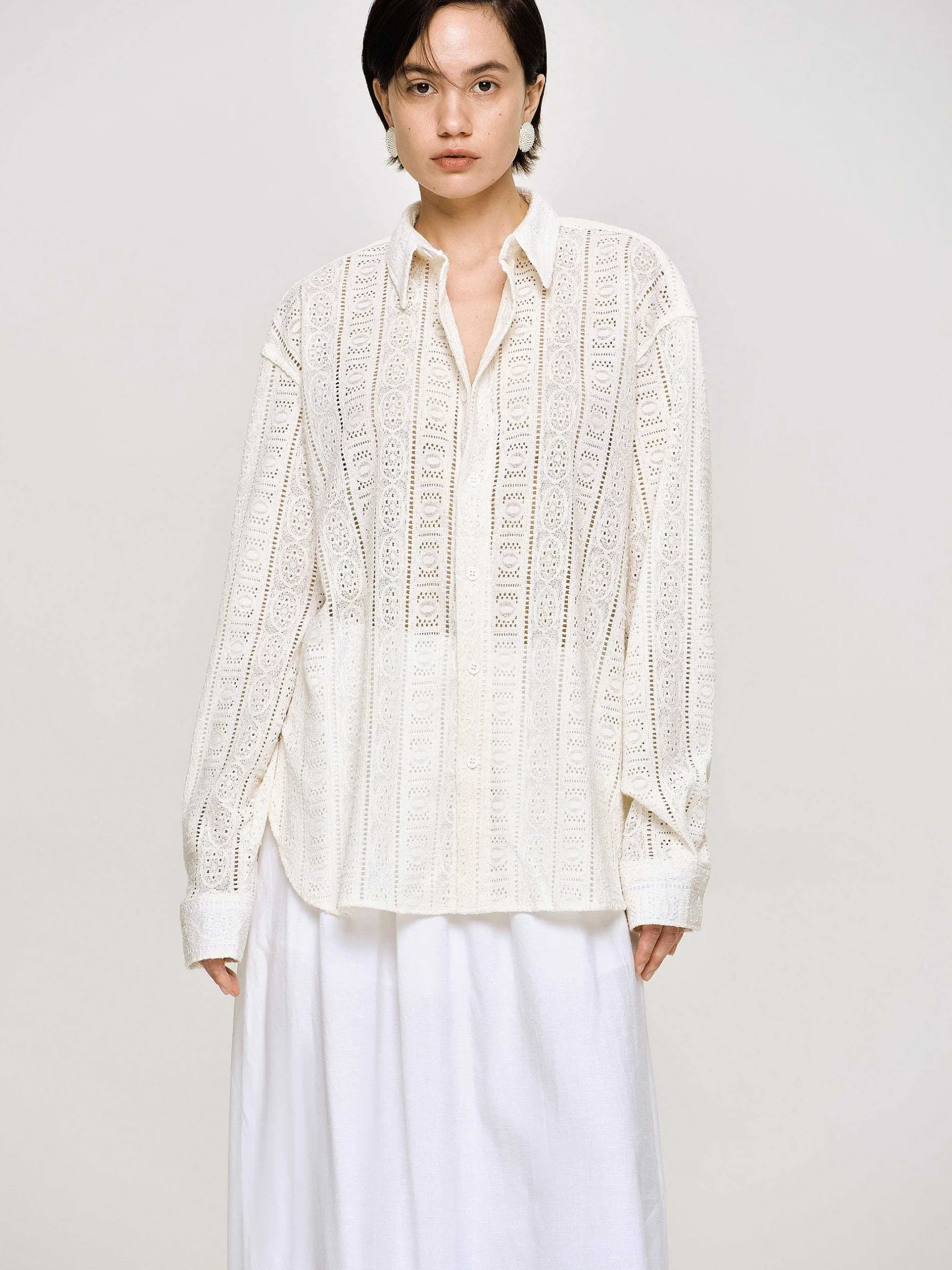 Accessories-Source Unknown Pointelle Oversized Button Down Shirt, Ivory