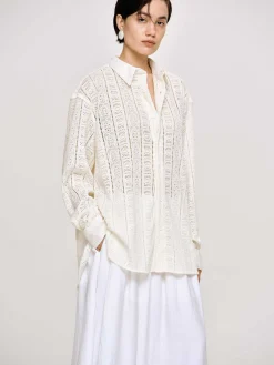 Accessories-Source Unknown Pointelle Oversized Button Down Shirt, Ivory