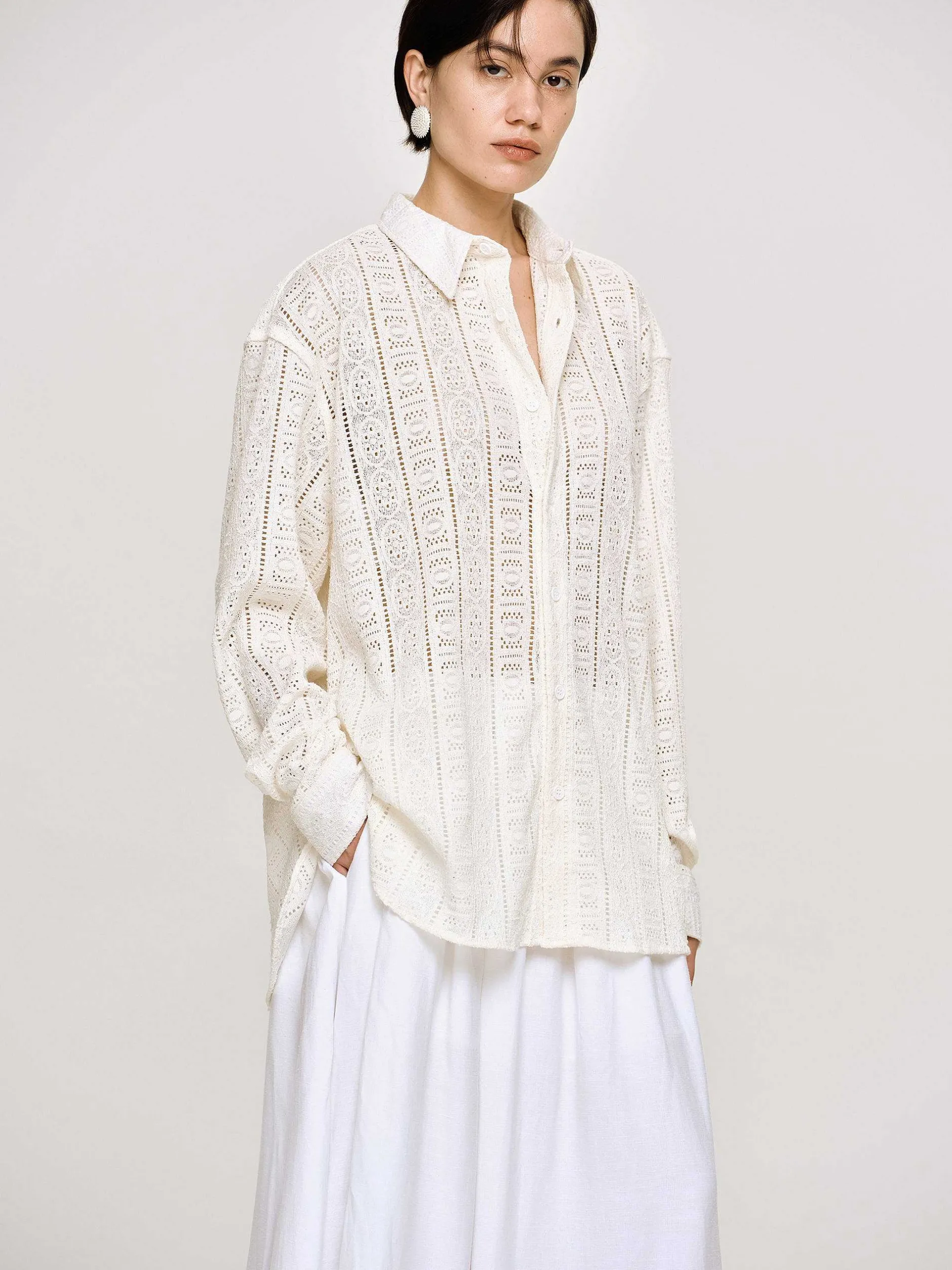 Accessories-Source Unknown Pointelle Oversized Button Down Shirt, Ivory