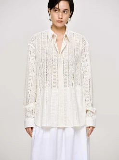 Accessories-Source Unknown Pointelle Oversized Button Down Shirt, Ivory