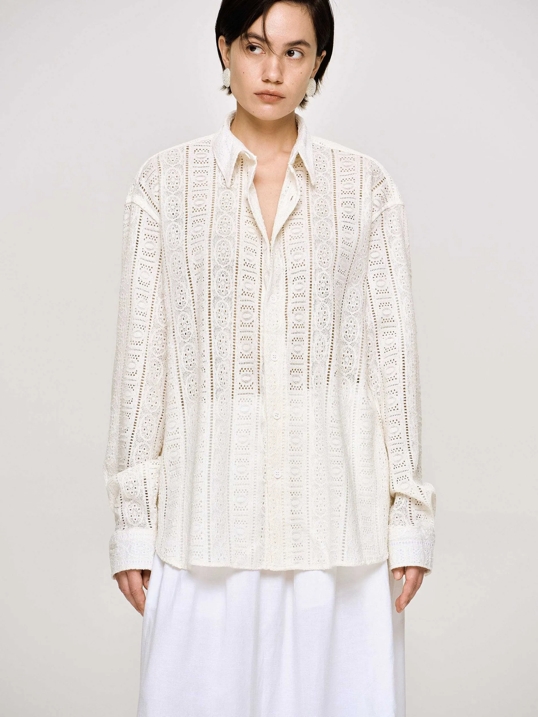 Accessories-Source Unknown Pointelle Oversized Button Down Shirt, Ivory