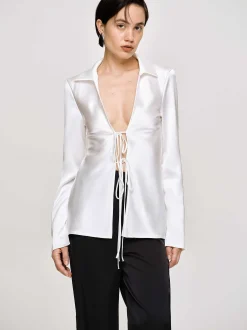 Clothing-Source Unknown Reyna Satin Blouse, Pearl