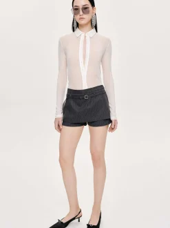 Bottoms-Source Unknown Rioni Belted Mini Skort, Charcoal Stripe