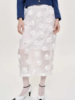 Clothing-Source Unknown Rose Applique Midi Skirt, White