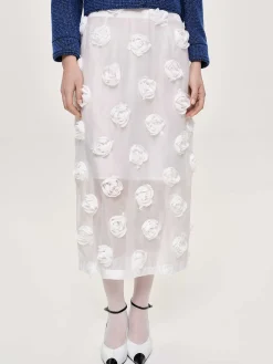 Bottoms-Source Unknown Rose Applique Midi Skirt, White