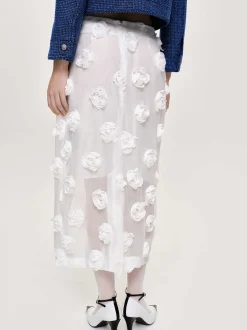 Bottoms-Source Unknown Rose Applique Midi Skirt, White
