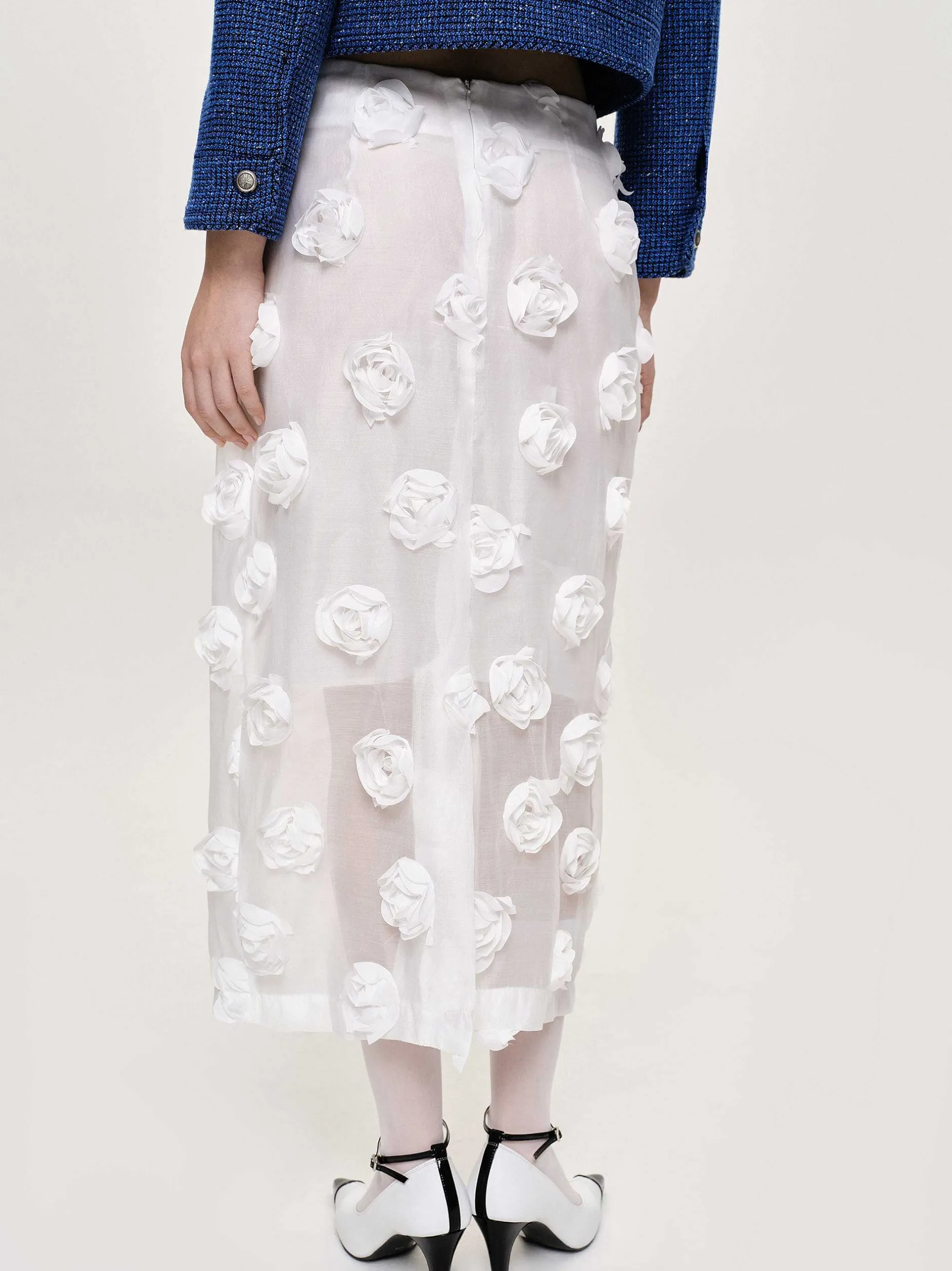 Bottoms-Source Unknown Rose Applique Midi Skirt, White