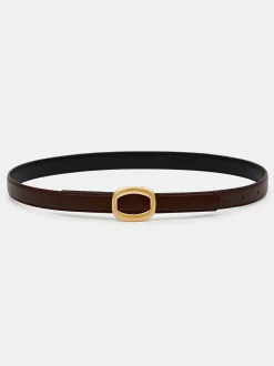 Clothing-Source Unknown Round Hexagon Leather Belt, Brown/Gold