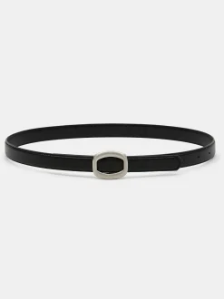 Accessories-Source Unknown Round Hexagon Leather Belt, Black/Silver