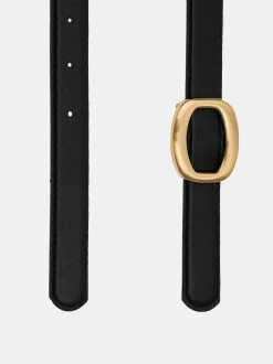 Accessories-Source Unknown Round Hexagon Leather Belt, Black/Gold