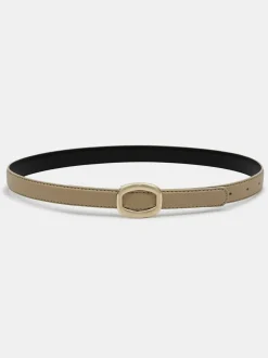 Accessories-Source Unknown Round Hexagon Leather Belt, Beige/Gold
