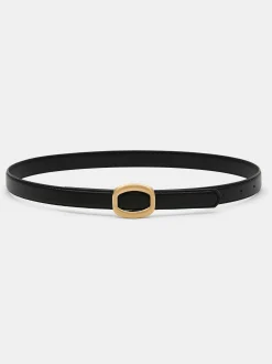 Clothing-Source Unknown Round Hexagon Leather Belt, Black/Gold