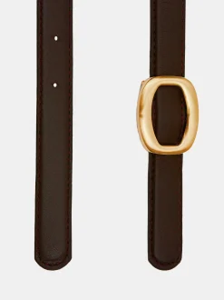 Accessories-Source Unknown Round Hexagon Leather Belt, Brown/Gold