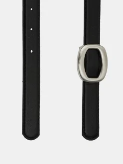 Clothing-Source Unknown Round Hexagon Leather Belt, Black/Silver
