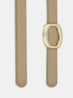 Clothing-Source Unknown Round Hexagon Leather Belt, Beige/Gold