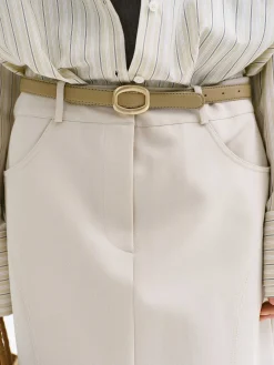 Clothing-Source Unknown Round Hexagon Leather Belt, Beige/Gold