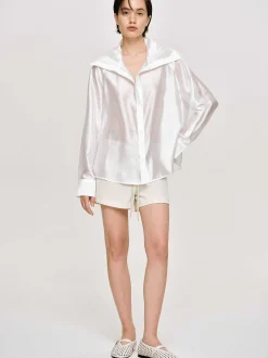 Tops-Source Unknown Sailor Collar Sheer Shirt, White