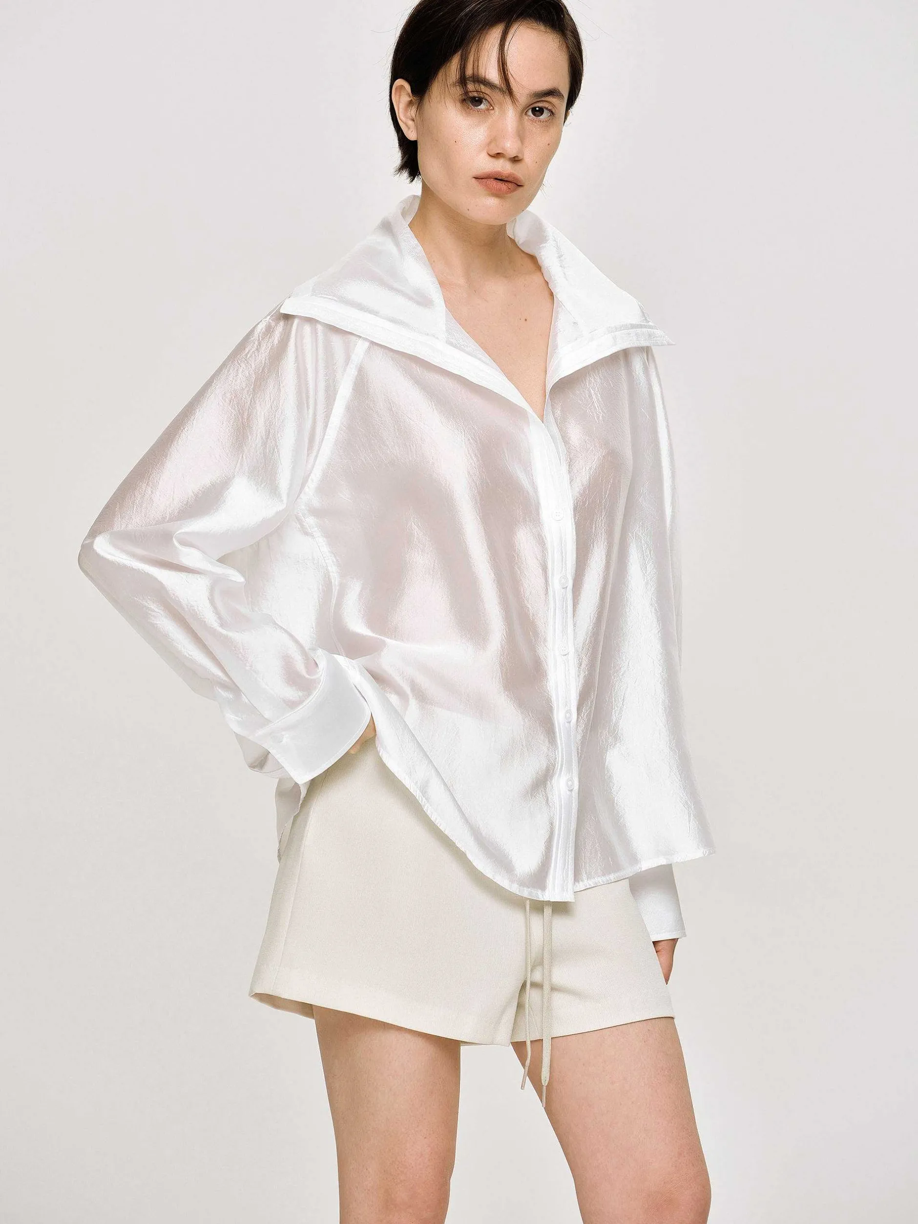 Tops-Source Unknown Sailor Collar Sheer Shirt, White