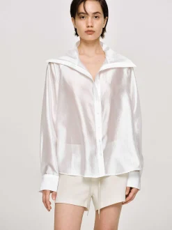 Tops-Source Unknown Sailor Collar Sheer Shirt, White