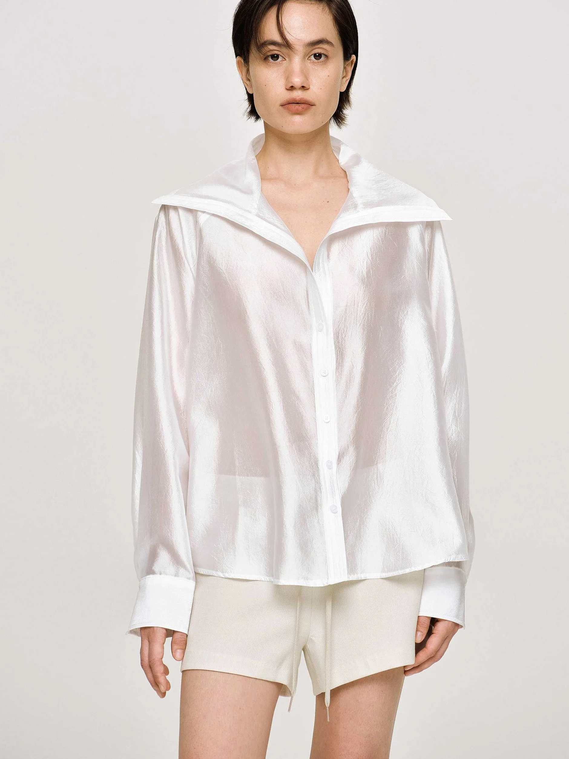 Tops-Source Unknown Sailor Collar Sheer Shirt, White