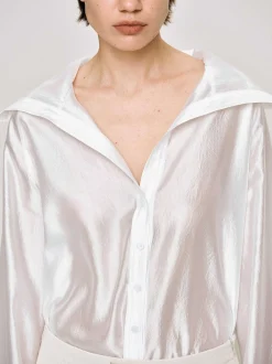Tops-Source Unknown Sailor Collar Sheer Shirt, White