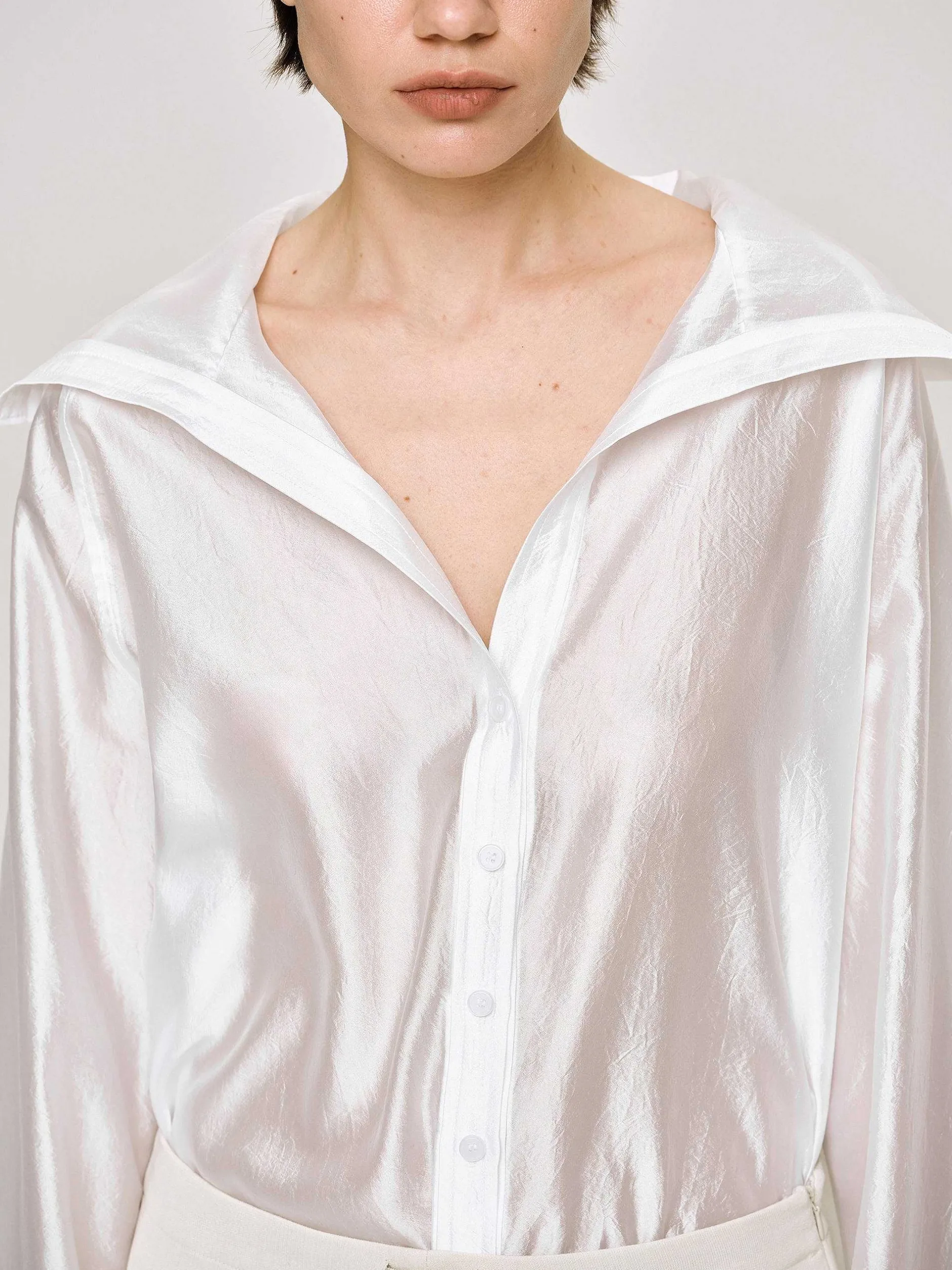 Tops-Source Unknown Sailor Collar Sheer Shirt, White
