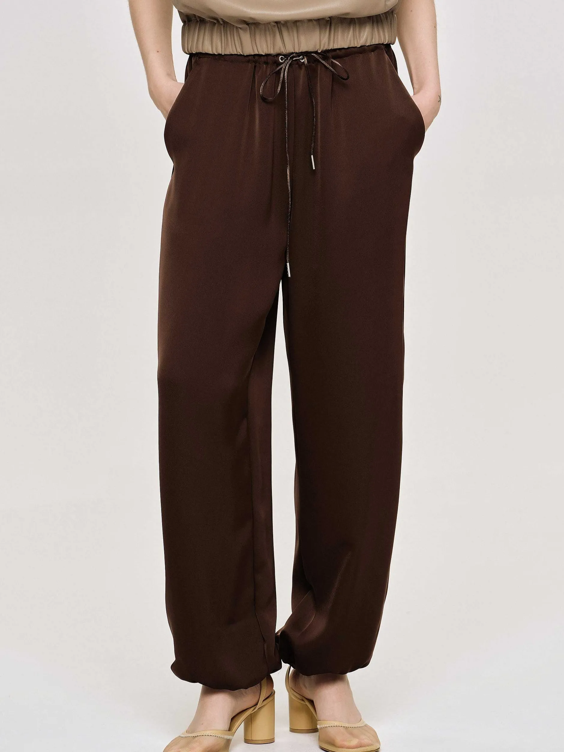 Bottoms-Source Unknown Satin Jogger Pants, Merlot Red