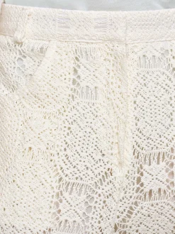 Bottoms-Source Unknown Sevilla Crochet Wide Trousers, Ecru