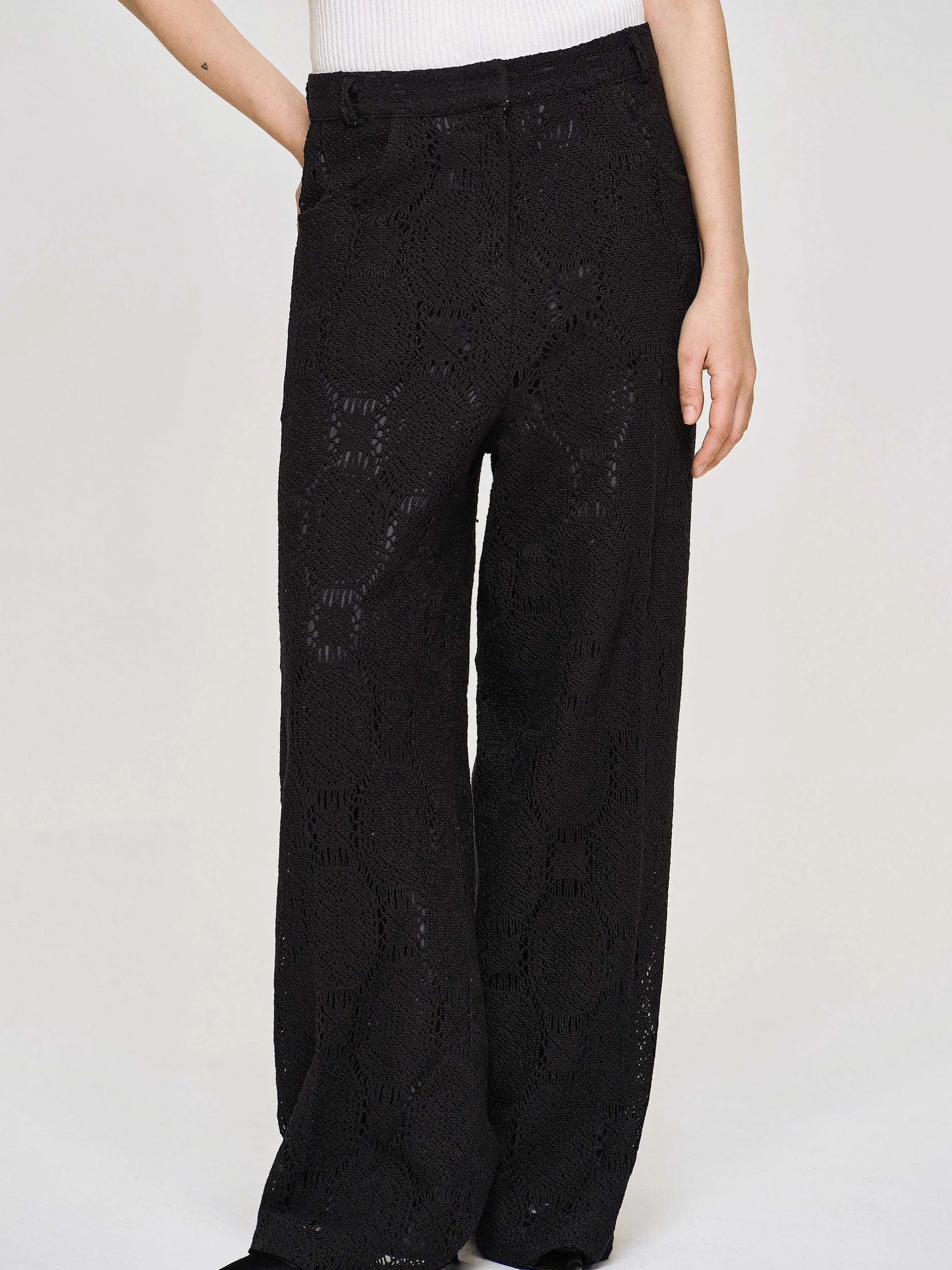 Bottoms-Source Unknown Sevilla Crochet Wide Trousers, Black
