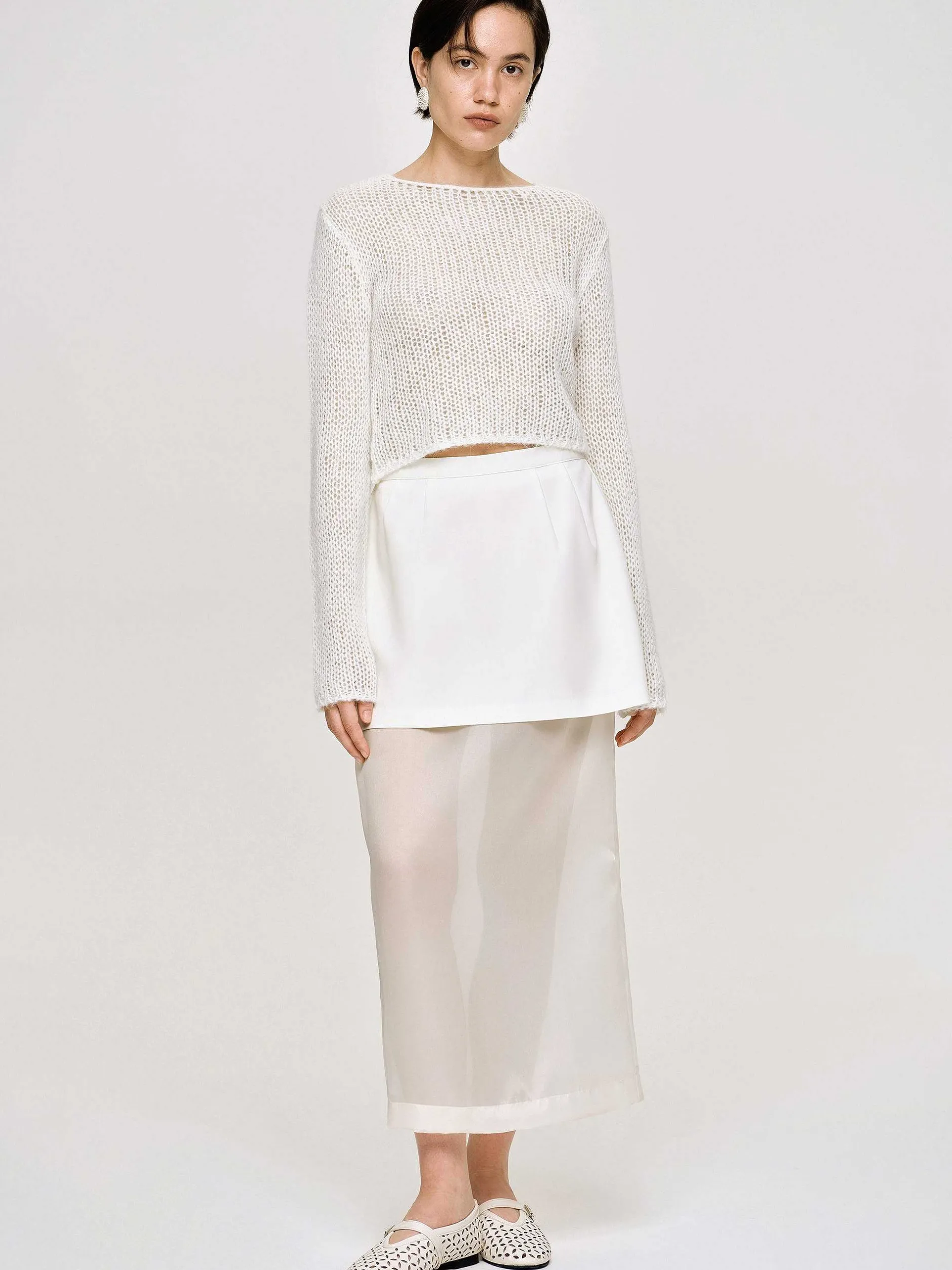 Bottoms-Source Unknown Sheer Midi Skirt, White