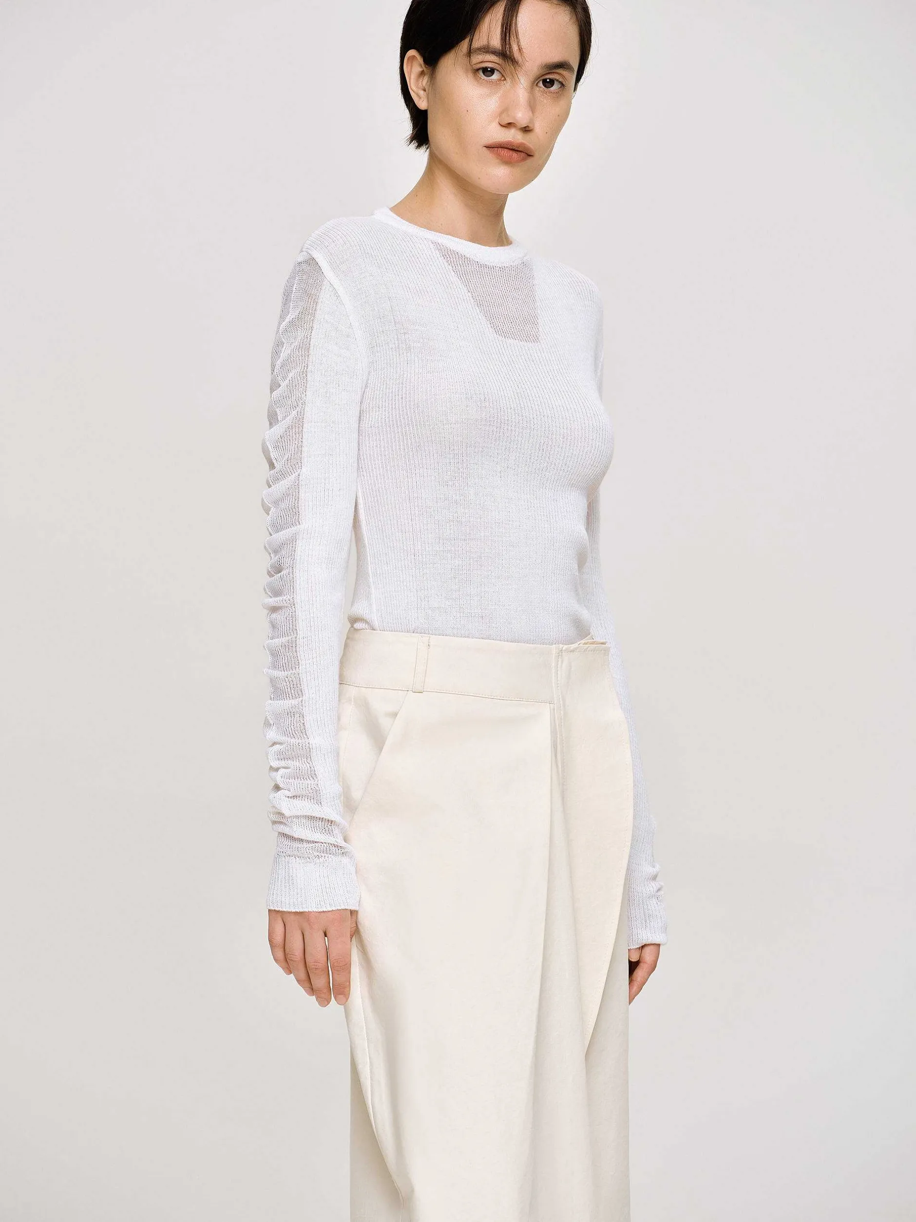 Knitwear-Source Unknown Sheer Sleeve Knit, White