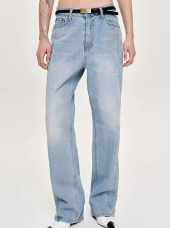 Clothing-Source Unknown Side Paneled Straight Jeans, Light Washed Blue