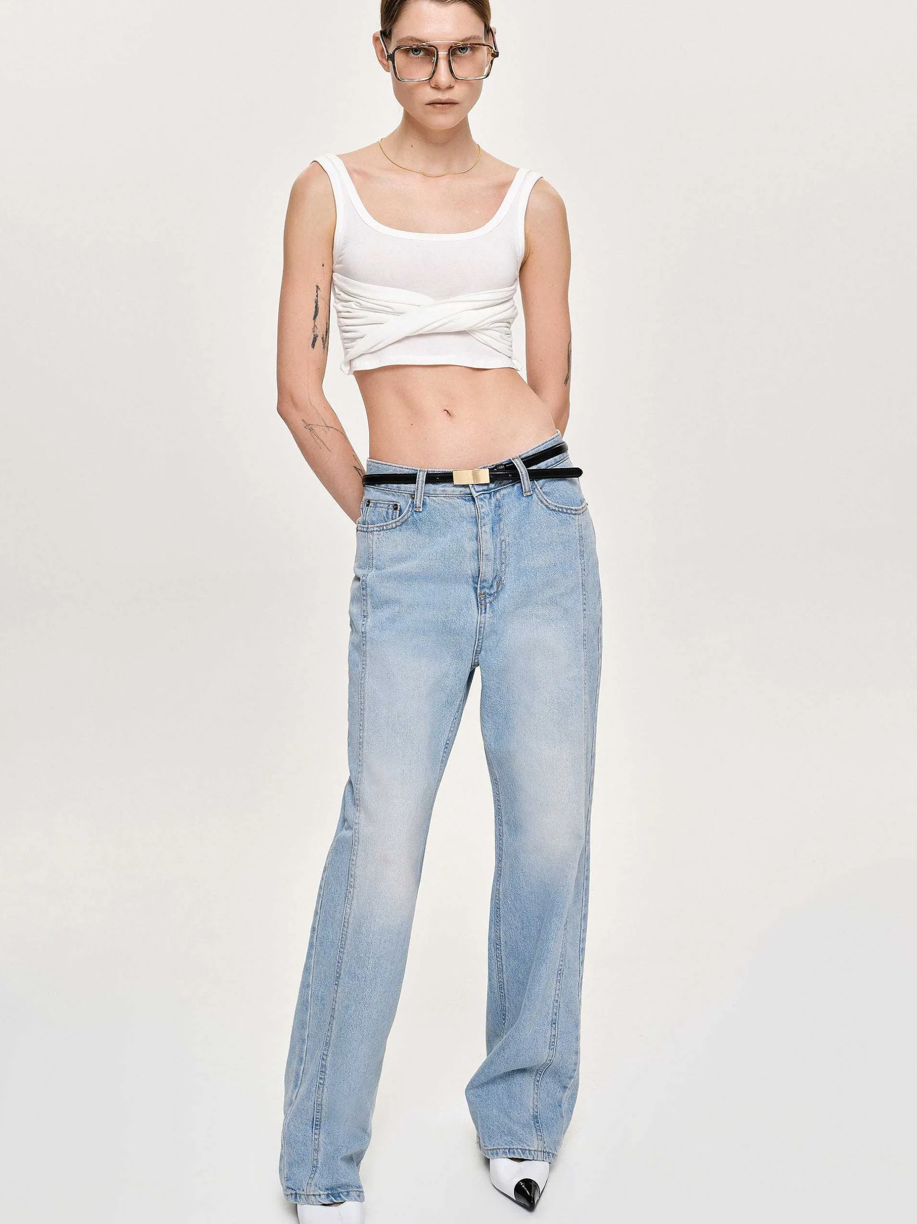 Clothing-Source Unknown Side Paneled Straight Jeans, Light Washed Blue