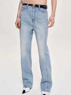 Clothing-Source Unknown Side Paneled Straight Jeans, Light Washed Blue