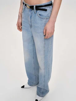 Denim-Source Unknown Side Paneled Straight Jeans, Light Washed Blue