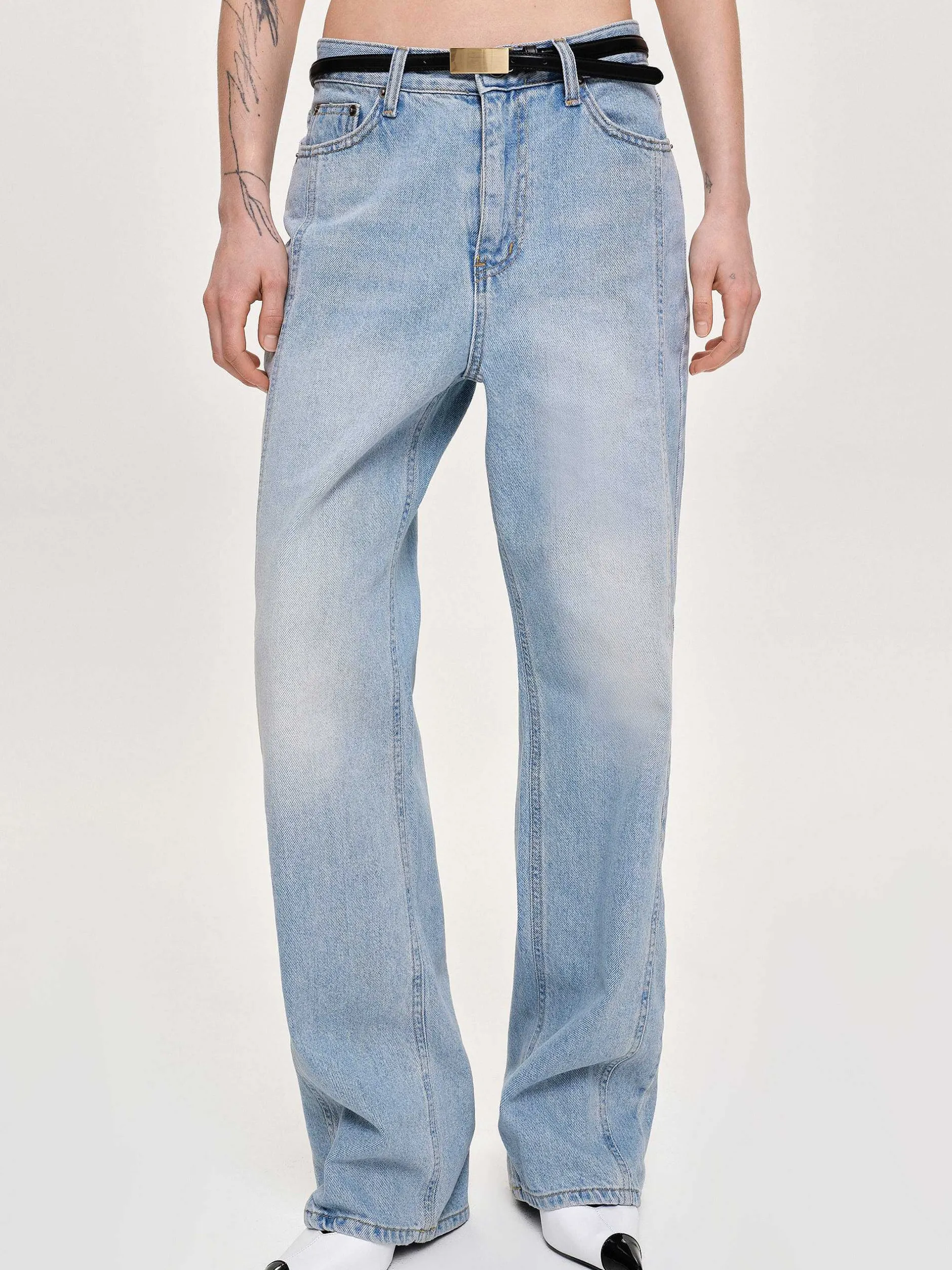 Denim-Source Unknown Side Paneled Straight Jeans, Light Washed Blue