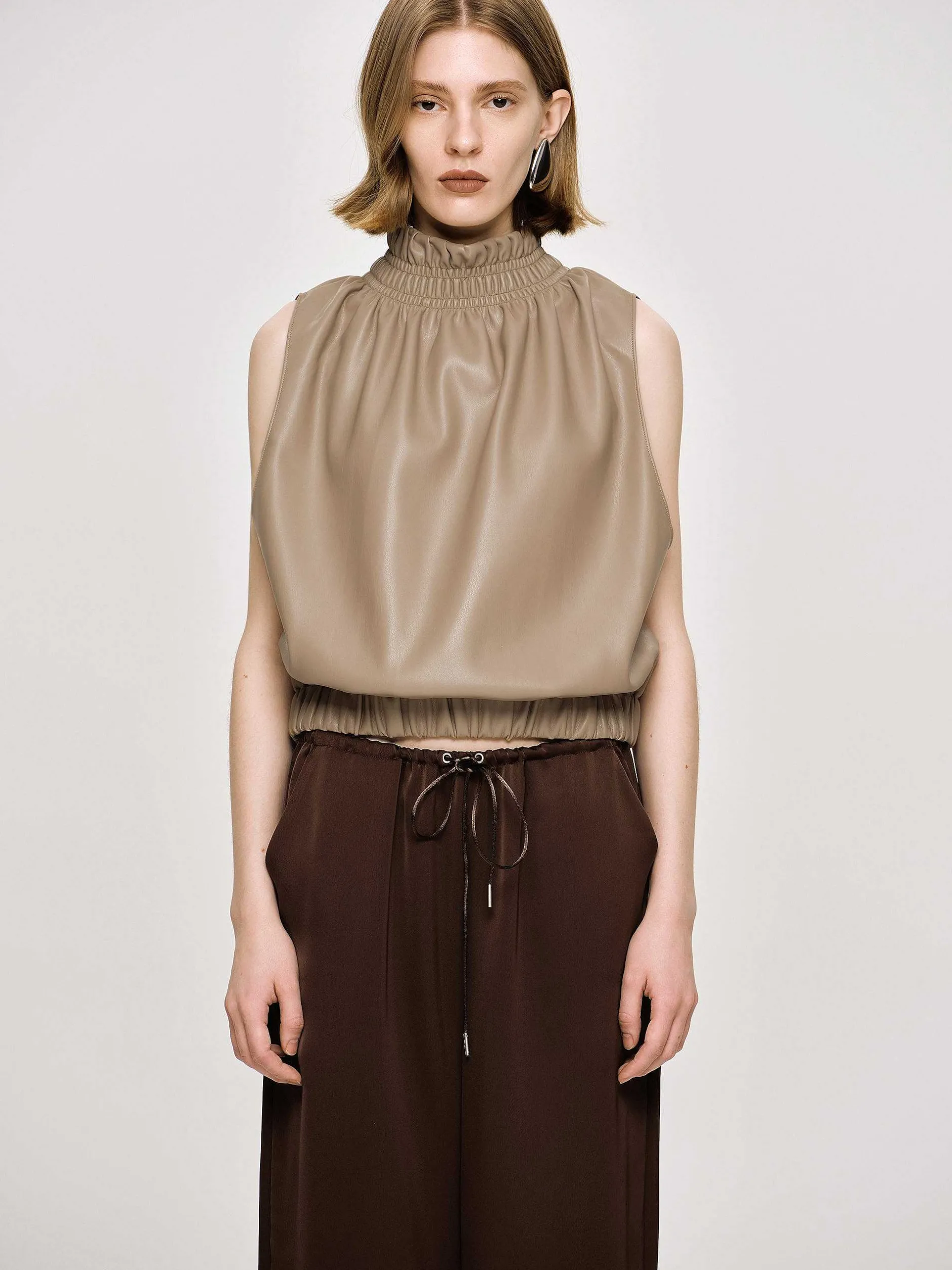 Accessories-Source Unknown Sleeveless Leather Top, Beige