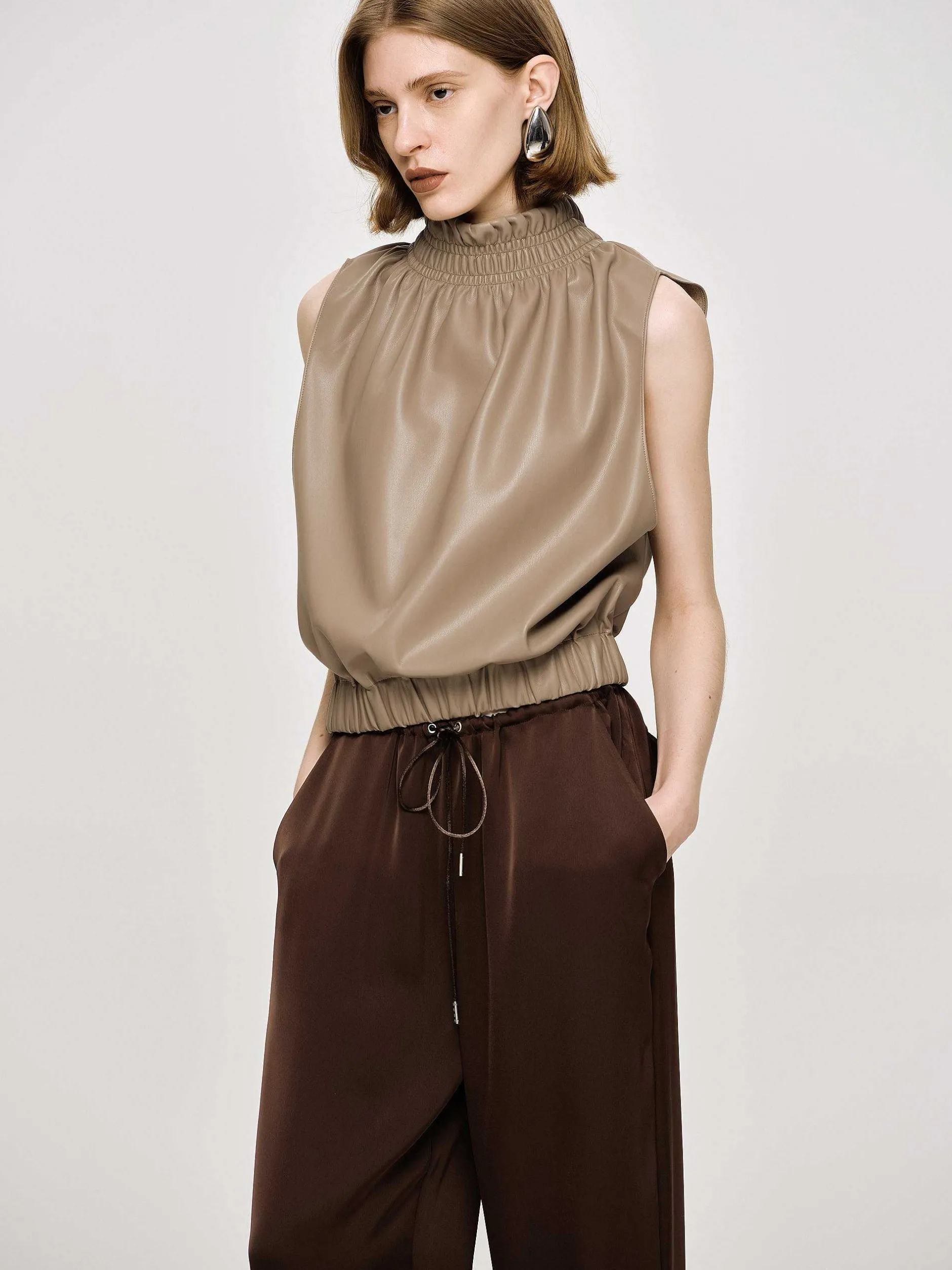Accessories-Source Unknown Sleeveless Leather Top, Beige