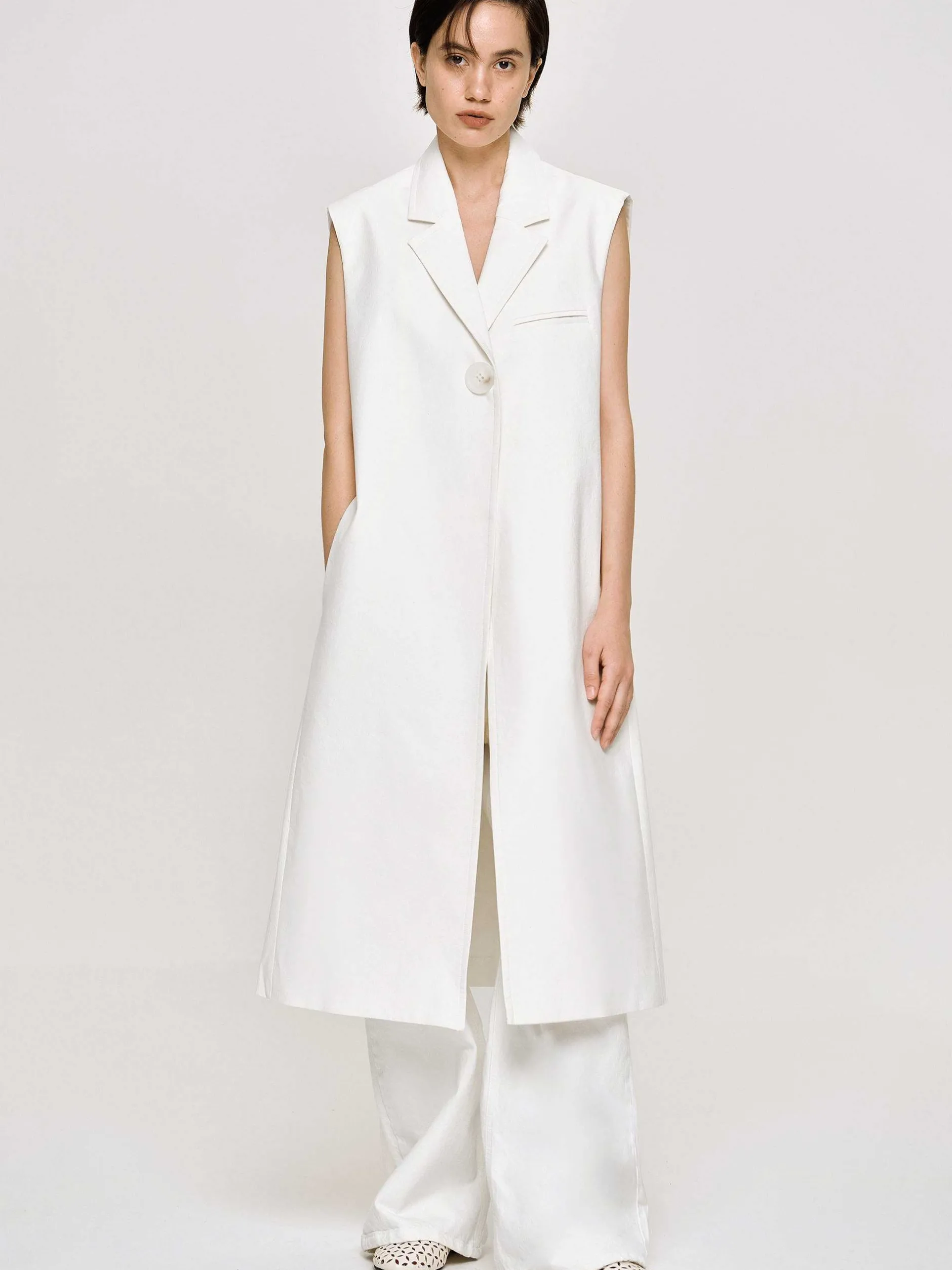 Clothing-Source Unknown Sleeveless Long Blazer, White