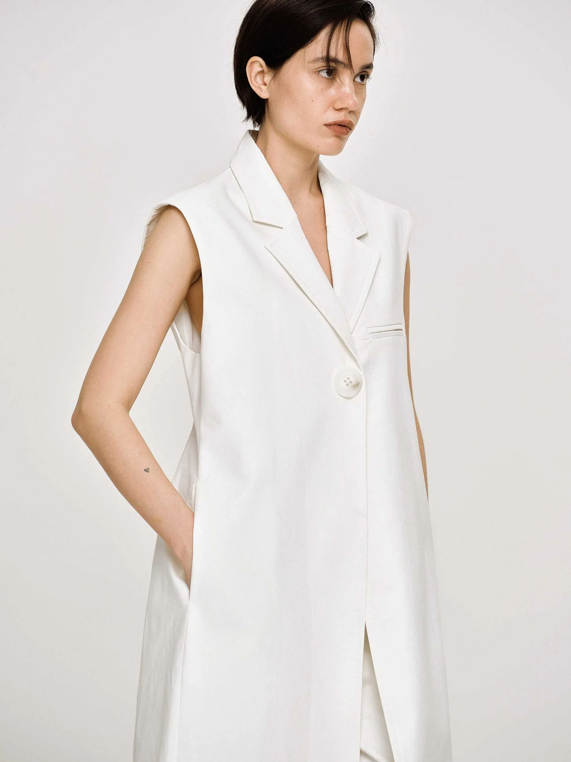 Clothing-Source Unknown Sleeveless Long Blazer, White