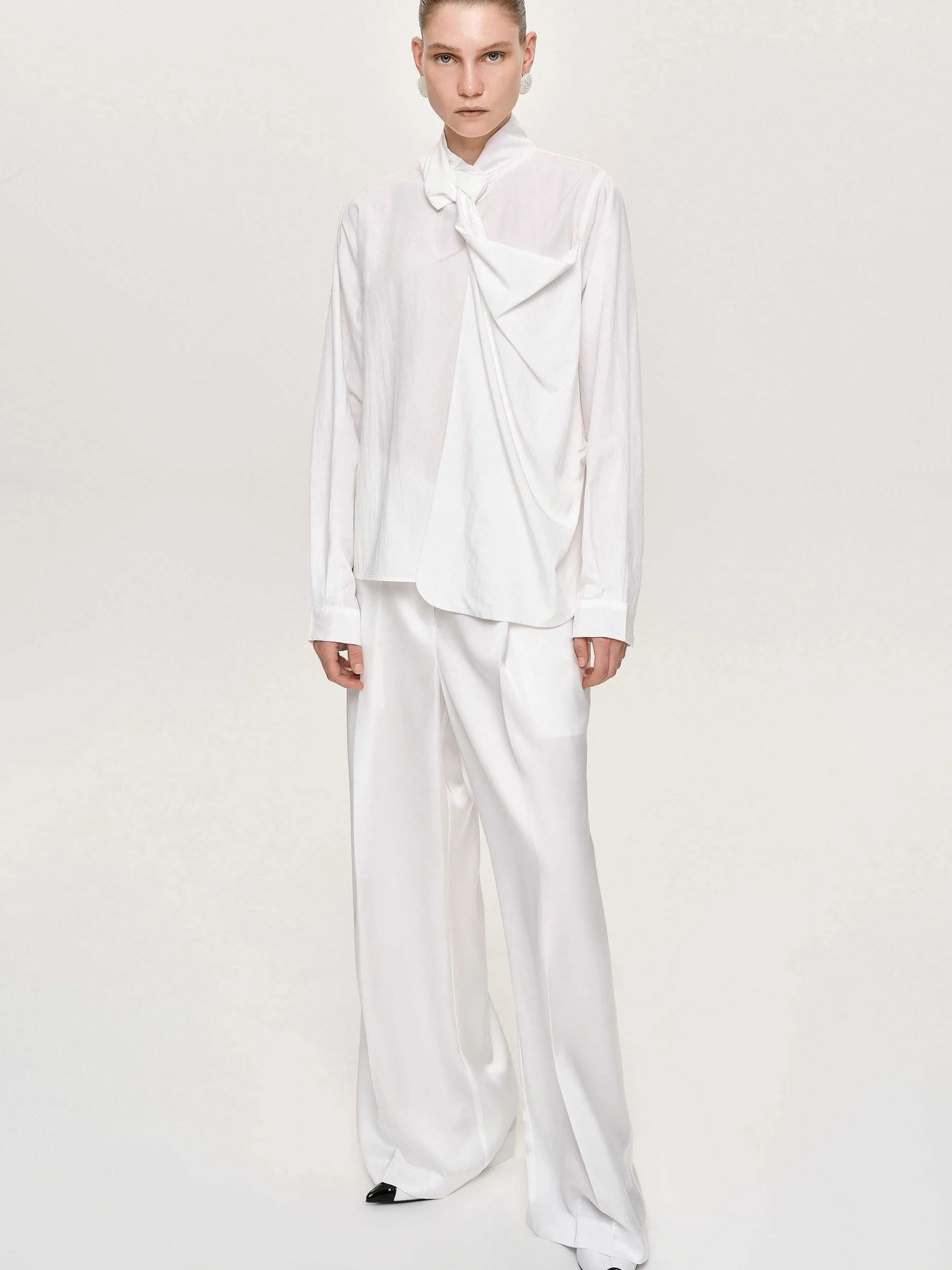 Bottoms-Source Unknown Taiamo Fluid Satin Trousers, White