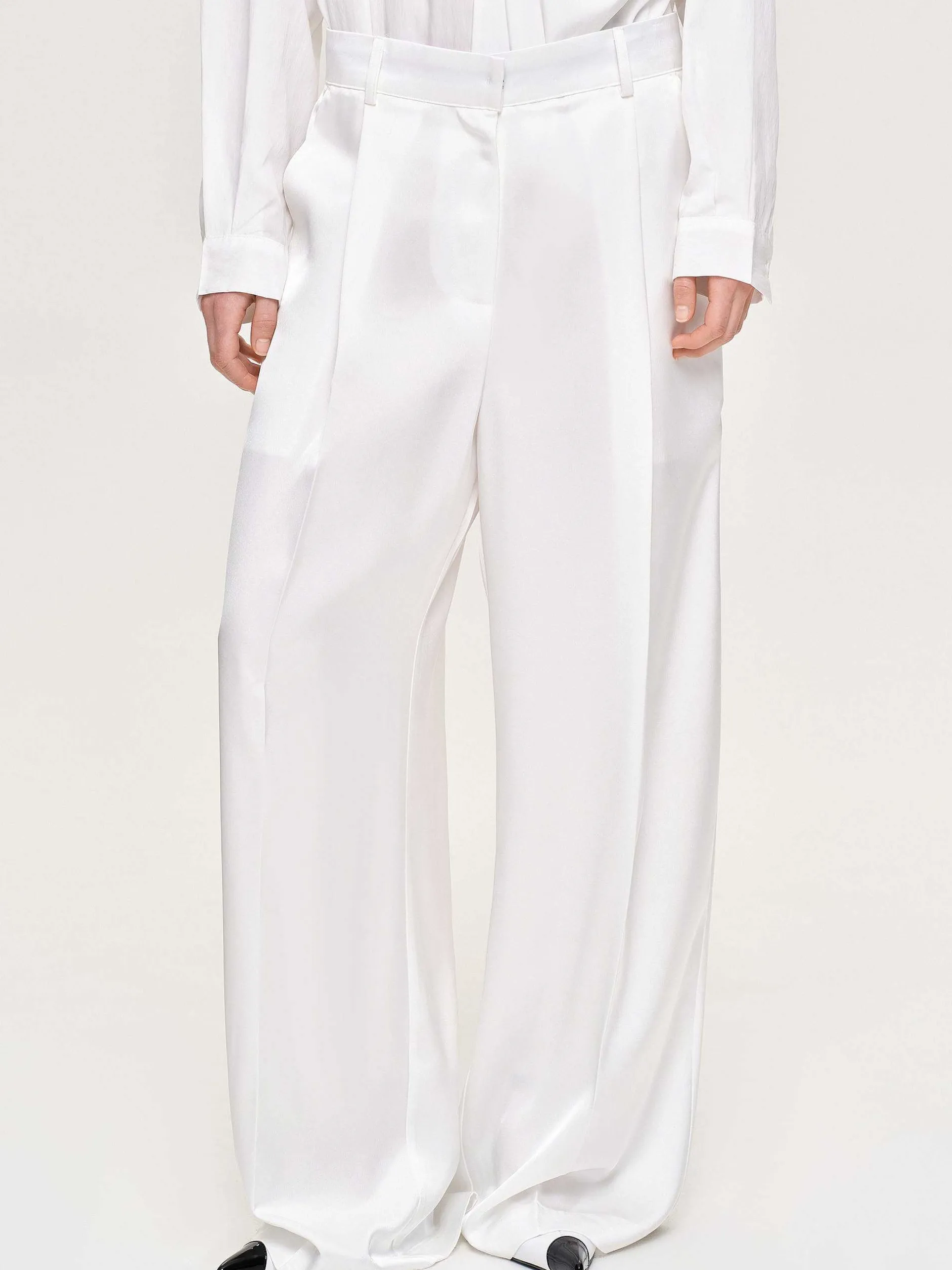 Bottoms-Source Unknown Taiamo Fluid Satin Trousers, White