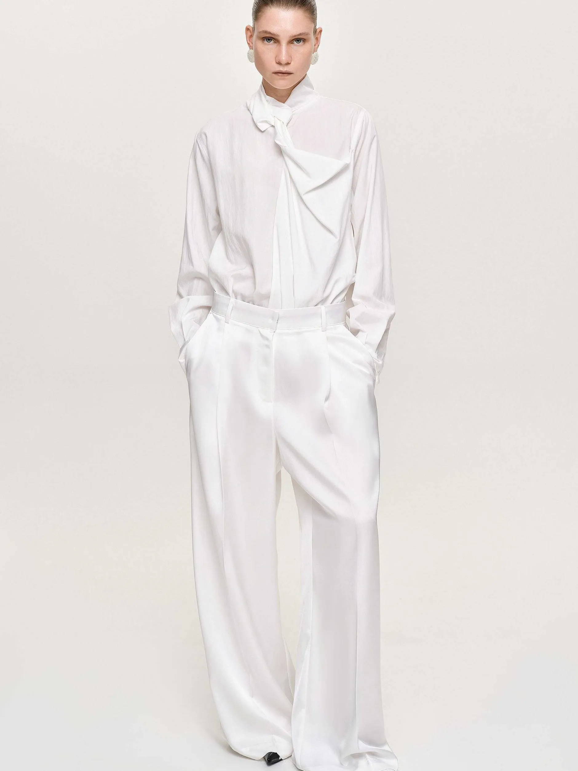 Bottoms-Source Unknown Taiamo Fluid Satin Trousers, White