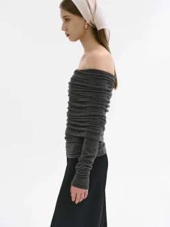 Accessories-Source Unknown Tova Off Shoulder Knit, Dark Grey Melange