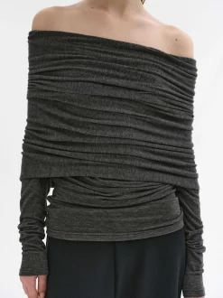 Accessories-Source Unknown Tova Off Shoulder Knit, Dark Grey Melange