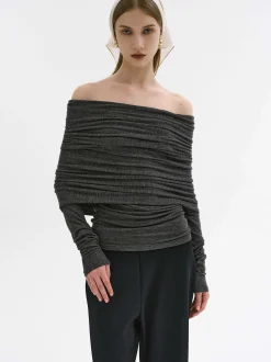 Accessories-Source Unknown Tova Off Shoulder Knit, Dark Grey Melange