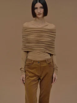 Accessories-Source Unknown Tova Off Shoulder Knit, Nude Brown